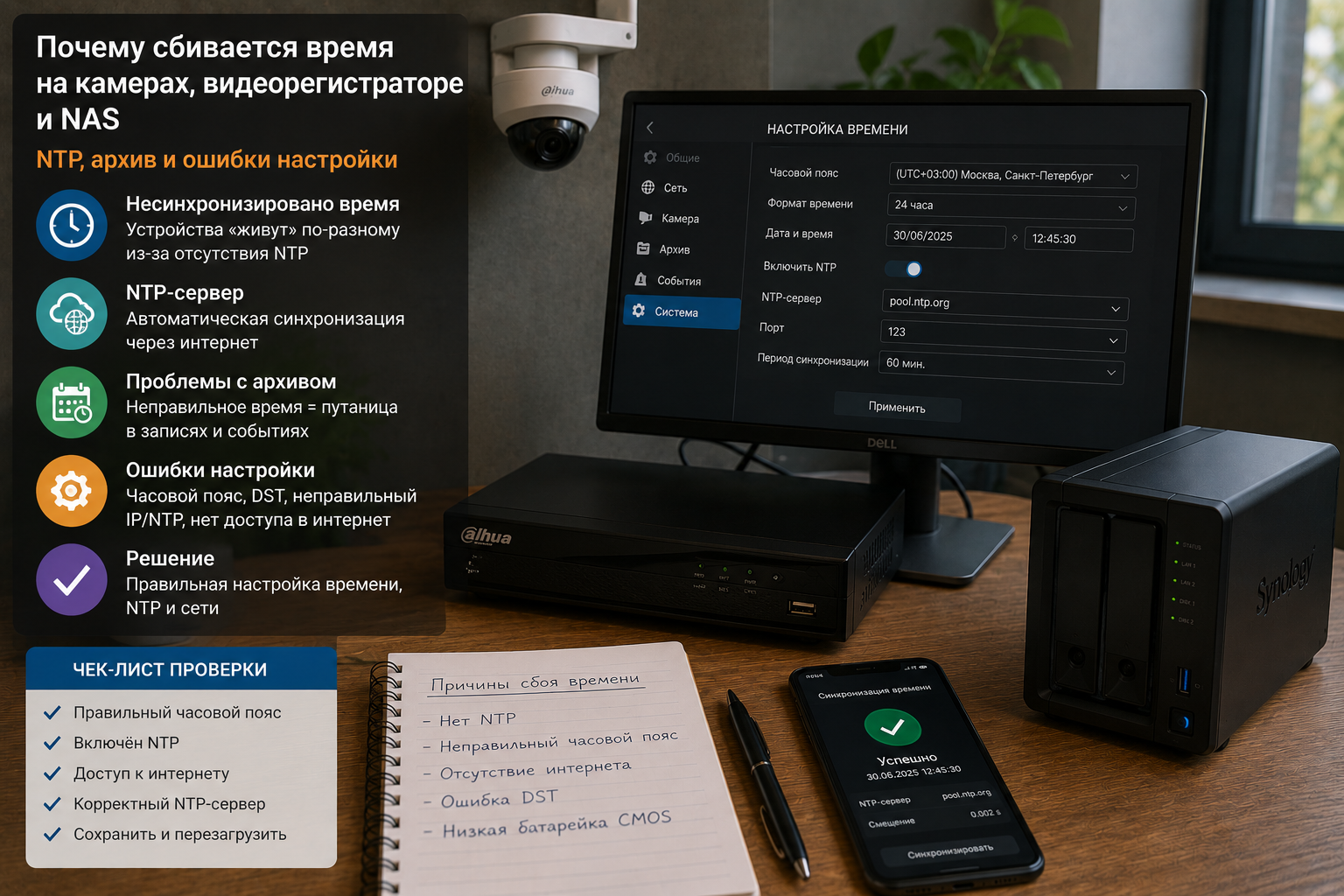 Почему сбивается время на камерах, видеорегистраторе и nas